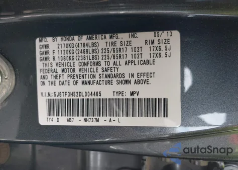 2013 Honda Crosstour Ex-L from USA, damaged, VIN 5J6TF3H52DL004465